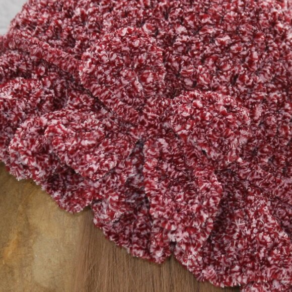 HAND CRAFTED Hat Crochet Bucket Chenille Winter Full Ruffle Red Burgundy Marled - Picture 6 of 12